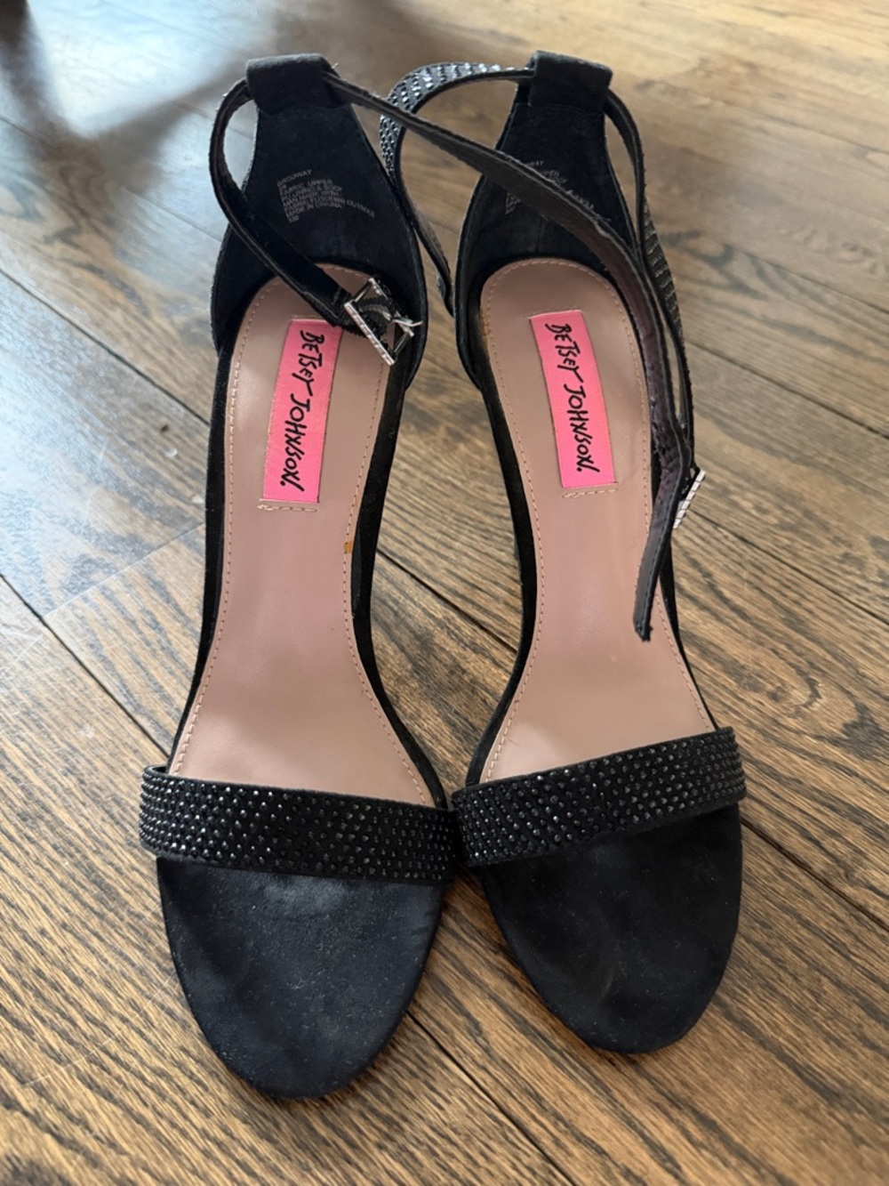 Betsey Johnson Black Crystal-Embellished Suede Ankle-Strap Heels